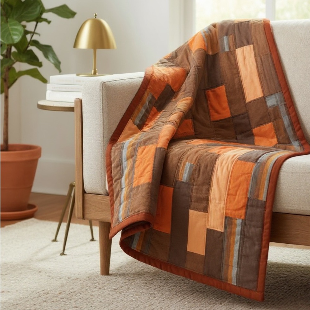 Handmade 70’s Graphic Block Patchwork Lap Quilt